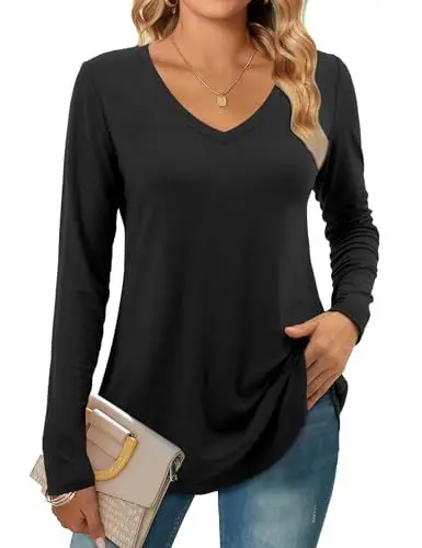 Produktbild: Beluring Damen Tshirt V Ausschnitt Oberteile Elegant Langarm Bequem Tunika Bluse Schwarz M