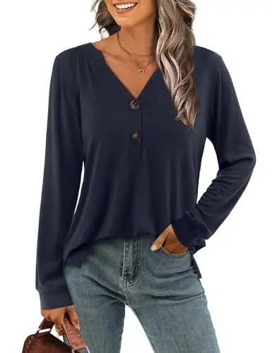 Produktbild: Beluring Langarm Shirts Damen Elegant Basic T-Shirt V-Ausschnitt Loose Oberteile Marineblau XXL