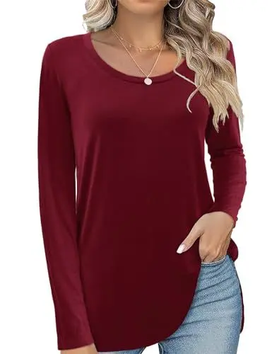 Produktbild: Beluring Langarmshirt Damen Elegant T-Shirt Rundhals Basic Longshirt Weinrot XL