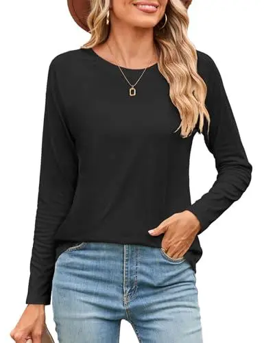 Produktbild: Beluring Langarmshirt Damen Lässig Rundhals Oberteile Raglanärmel Einfarbig Tunika Tshirt Schwarz L