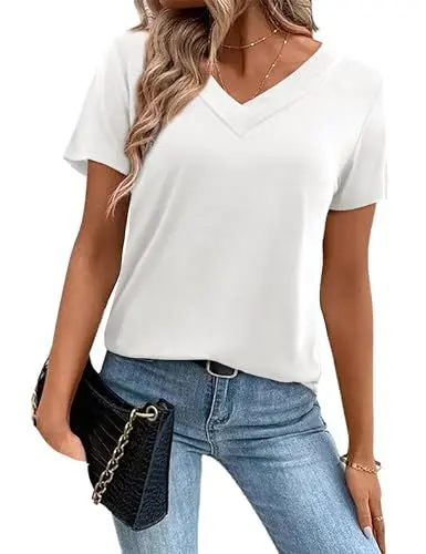 Produktbild: Beluring Longbluse Damen Sommer Kurzarm Oberteile Casual V-Ausschnitt Mode Tshirt Weiß S