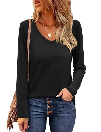 Produktbild: Beluring Tunika Damen Langarm Elegant Oberteile V-Ausschnitt T-Shirt Schwarz XXL