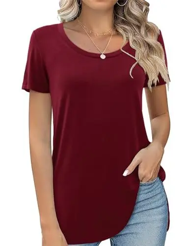 Produktbild: Beluring Oberteile Damen Kurzarm Rundhals Tshirt Einfarbig Bluse Longshirt Weinrot S