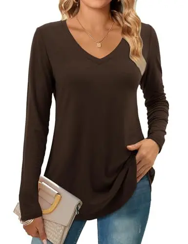 Produktbild: Beluring Oberteile Damen Sexy Langarm T-Shirts Elegant V-Ausschnitt Tee Shirt Braun XL