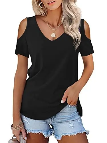 Produktbild: Beluring Oberteile Damen Sexy V-Ausschnitt Cold Shoulder Sommer T-Shirt Tops Schwarz L