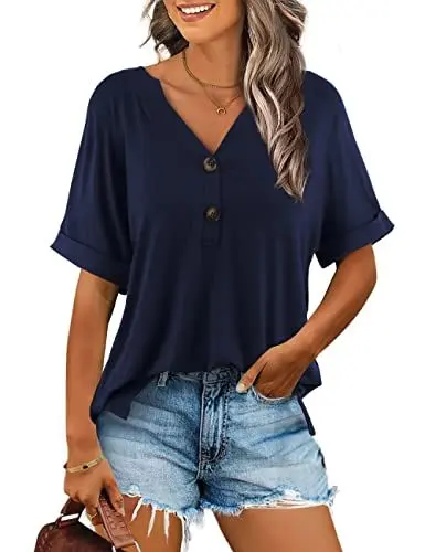 Produktbild: Beluring T-Shirts Für Damen Sommer Kurzarm Elegant Oberteile V Ausschnitt Knopfleiste Shirt Marineblau XXL