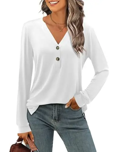 Produktbild: Beluring T-Shirts für Damen Casual Langarm Tunika Bluse Sexy V Ausschnitt Bluse Weiß M