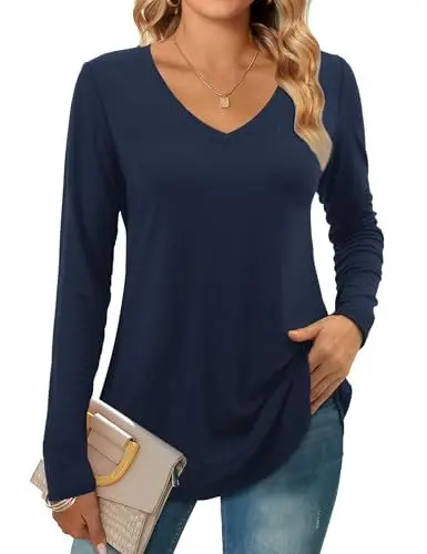 Produktbild: Beluring Top Damen V-Ausschnitt Oberteile Lässig Langarmshirt Basic T-Shirt Marineblau L