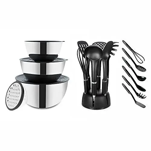 Produktbild: BEM Küchenset - Edelstahl Schüssel Set mit Deckel und Reibe, 3 Größe 1.8L 3.4L 5.5L und 6-tlg. Küchenutensilien Kochlöffel Küchenhelfer Set mit Kochutensilien Behälter