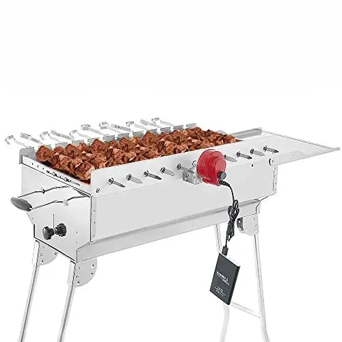 Produktbild: BEM Rambo Mangal Schaschlikgrill, Grillset mit Zubehör inkl. Powerbank + Motor, Elektrisch, Edelstahl, Klappbar, Holzkohlegrill mit Spießen