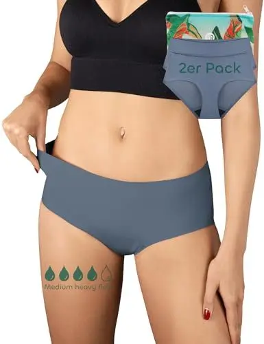 Produktbild: BeMee Daytime Seamless Hipster, hauchdünner Perioden-Slip, Nahtlose Menstruations-Unterwäsche, auslaufsicher, schadstoff-frei bei mittlerer bis starker Blutung, grau, Größe M, Doppelpack