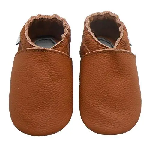 Produktbild: Bemesu Baby Krabbelschuhe Lauflernschuhe Lederpuschen Kinder Hausschuhe aus weichem Leder Einfarbig Braun (L, 12-18 M, EU 21-22)