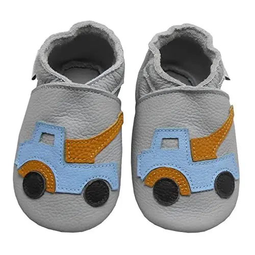 Produktbild: Bemesu Babyschuhe, weiche Lederschuhe, Lauflernschuhe, Wildledersohle, Jungenschuhe, Mädchenschuhe, Hausschuhe Hellgrau Auto (XL, 18-24 M, EU 23-24)