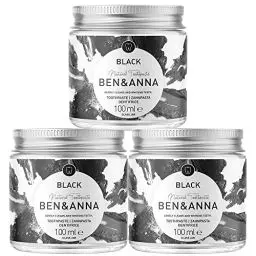 Produktbild: BEN & ANNA Black - Fluoridfreie natürliche Zahnpasta im Glas - Aktivkohle Whitening, Vegan, Natürlicher Minz Geschmack - Zahnpasta in der Dose, Weiße Zähne - 3er Pack