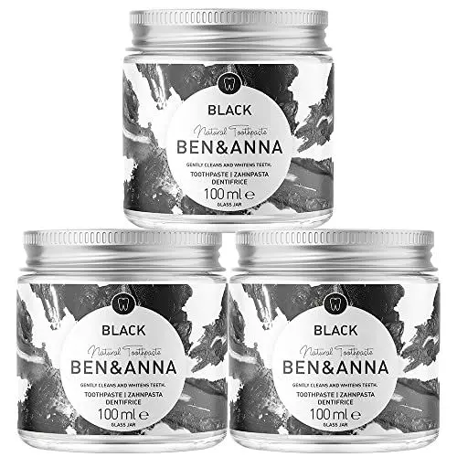 Produktbild: BEN & ANNA Black - Fluoridfreie natürliche Zahnpasta im Glas - Aktivkohle Whitening, Vegan, Natürlicher Minz Geschmack - Zahnpasta in der Dose, Weiße Zähne - 3er Pack