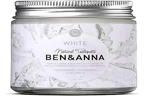 Produktbild: BEN & ANNA WHITE - Fluoridfreie natürliche Zahnpasta im Glas - Aktivkohle Whitening, Vegan, Natürlicher Minz Geschmack - Zahnpasta in der Dose, Weiße Zähne - 1er Pack