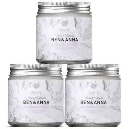 Produktbild: BEN & ANNA WHITE - Fluoridfreie natürliche Zahnpasta im Glas - Aktivkohle Whitening, Vegan, Natürlicher Minz Geschmack - Zahnpasta in der Dose, Weiße Zähne - 3er Pack