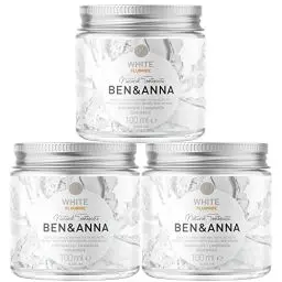 Produktbild: BEN & ANNA WHITE mit Fluorid - Natürliche Zahnpasta im Glas - Aktivkohle Whitening, Vegan, Natürlicher Minz Geschmack - Zahnpasta in der Dose, Weiße Zähne - 3er Pack