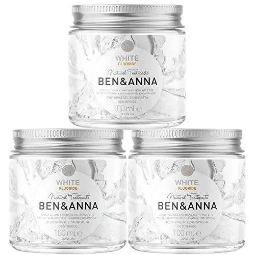 Produktbild: BEN & ANNA WHITE mit Fluorid - Natürliche Zahnpasta im Glas - Aktivkohle Whitening, Vegan, Natürlicher Minz Geschmack - Zahnpasta in der Dose, Weiße Zähne - 3er Pack