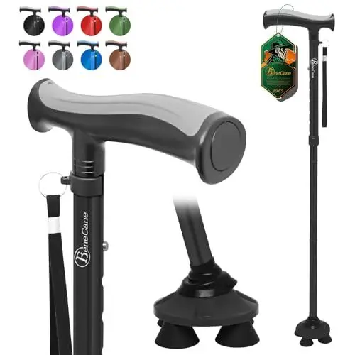 Produktbild: BeneCane Gehstock für Männer & Frauen Klappbar Einstellbar leicht stabil zusammenklappbare Heavy Duty mit weichen TPR T-Griff und Reisetasche Schwarz