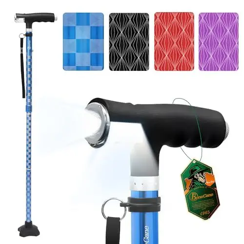Produktbild: BeneCane Gehstock mit Zwei LED-Leuchten für Männer und Frauen, höhenverstellbarer Spazierstock mit Stabiler Basis, zusammenklappbarer Stock mit T-Griff, leicht & stabil