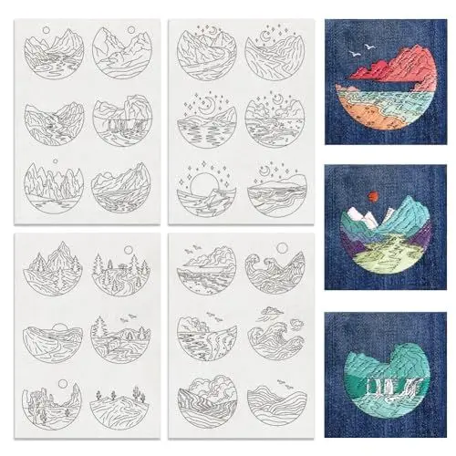 Produktbild: BENECREAT 4 Blatt 24 Stück Wasserlösliche Stickmuster, Natürliche Landschaft Wälder Stich Stickerei Papier Wasserlösliche Stabilisatoren Für Carves, Hemden, Mäntel, Taschen, Handtücher