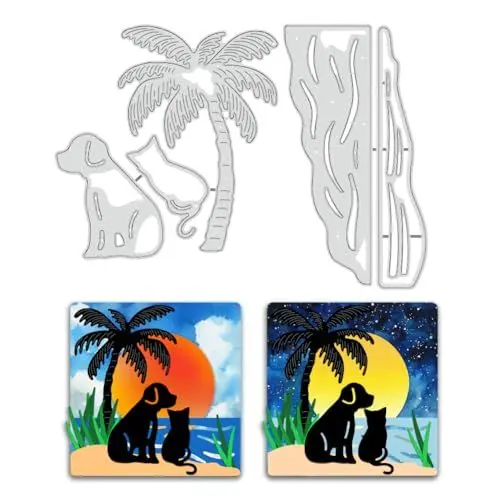Produktbild: BENECREAT Stanzformen Mit Strandpalme, 2 Stück Schablonen Für Silhouetten von Hunden Und Katzen, Kokosnussbaum Dekorative Prägeschablonen Für Scrapbooking, Fotoalbum, Grußkartenherstellung