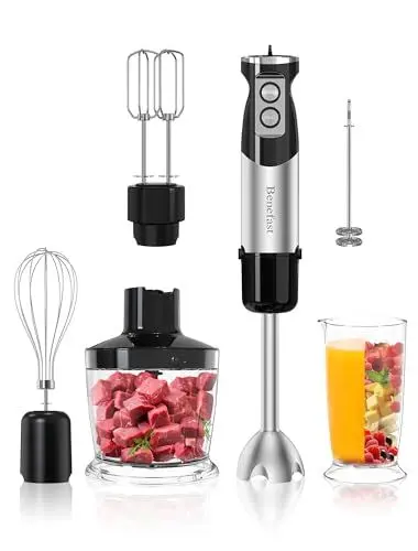 Produktbild: Benefast Elektrische Stabmixer 6 in 1 Stainless Steel Pürierstab Set, 1000W Stark Leistung, 12 Geschwindigkeiten & Turbo-Taste Blender für die Zubereitung von Salaten, Suppen und Teig