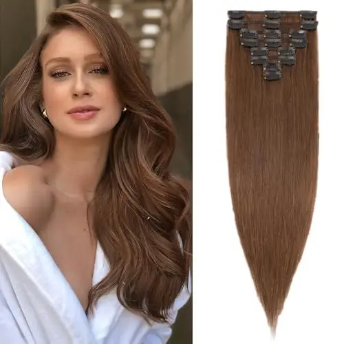Produktbild: Benehair Clip-in Extensions, 8 Stück 100% Remy Echthaar Extension 55g, Schokoladenbraun, 30 cm Clip-in Haarverlängerung für Frauen, 18 Clips pro Set
