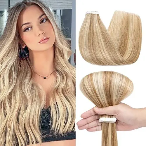 Produktbild: Benehair Tape in Extensions Echthaar, 45CM Tape in Haarverlängerungen, Invisible Echt Haar Extension mit Tapes, 100% Echthaar Seidig Glatte, 10Pcs 25g Flachs Gelb Gemischt Hellesgold #12P613