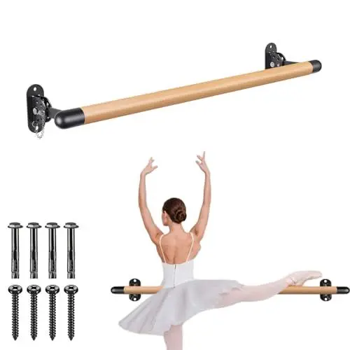Produktbild: BeneLabel 0.9M Ballet Barre, Wall Mounted Wood Adjustable Dance Bar for Home Barre Workout Stretching Equipment with Metal Support Bracket Holder for Kids and Adults, 4cm Diameter