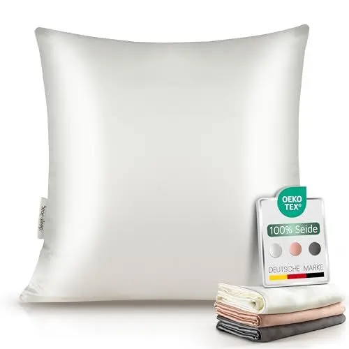 Produktbild: bene-sleep® Premium Seidenkissenbezug – 100 % Maulbeerseide 22 Momme | Oeko-TEX Zertifiziert* | Anti-Frizz & Faltenreduzierung | Kühlend, hypoallergen, hautfreundlich & luxuriös (Weiß, 40x40 cm)