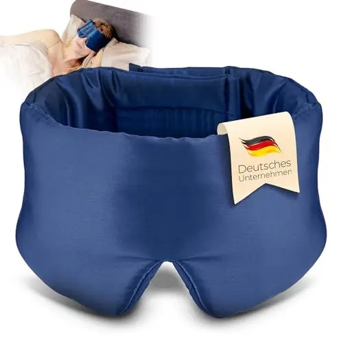 Produktbild: bene-sleep. Handgefertigte Schlafmaske aus reiner Seide mit Seidenfüllung – verstellbare Seidenschlafmaske Männer & Frauen – hypoallergen – atmungsaktive Maulbeerseide – Polyesterfrei (Dunkelblau)