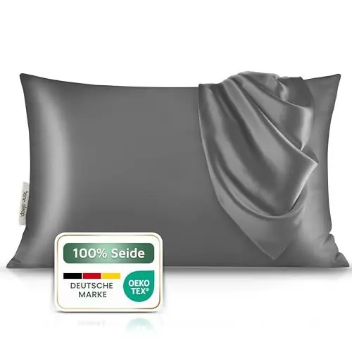 Produktbild: bene-sleep® Premium Seidenkissenbezug – 100 % Maulbeerseide 22 Momme | Oeko-TEX Zertifiziert* | Anti-Frizz & Faltenreduzierung | Kühlend, hypoallergen, hautfreundlich & luxuriös (Grau, 40x80 cm)