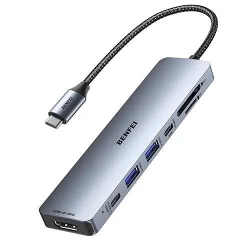 Produktbild: BENFEI 7-in-1 USB C Hub mit HDMI 4K@60Hz, 2 USB-A, 1 USB-C Daten, 100W Aufladung, SD/TF Kartenleser (verwicklungsfreies Silikonkabel) für MacBook Pro/Air, iPad Pro, iMac, iPhone 15 Pro/Pro Max