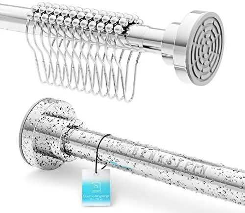 Produktbild: Benkstein® ausziehbare Duschstange ohne Bohren 125-220 cm - Edelstahl Duschvorhangstange 12 Ringe - Teleskop Klemmstange stabil Vorhangstange ohne bohren Duschstange Duschvorhangstange ohne bohren