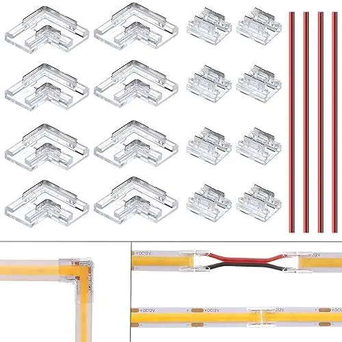 Produktbild: BENLUIN 2 Polig 8mm LED Streifen Verbinder 8 Stück L-förmige Eckverbinder und 8 Stück Strip zu Strip Verbindungsstücke für ohne Löten 12V 24V COB SMD LED Band Strip