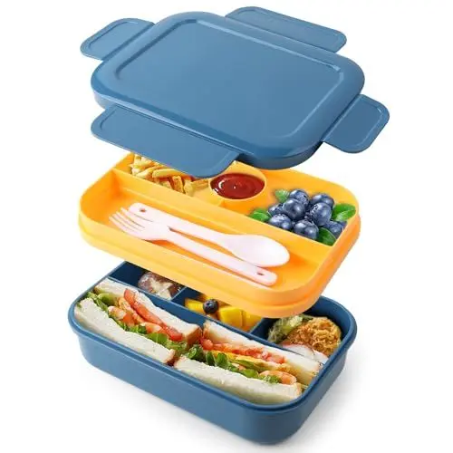 Produktbild: Bento Box für Erwachsene und Kinder, 2000 ml, Doppellagige Lunchbox mit 4 + 4 Fächern, Auslaufsicher, Mit Utensilien