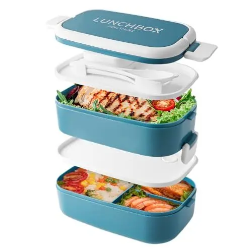 Produktbild: Bento Lunch Box stapelbar, 1400ml Behälter mit 4 Fächern und Besteck, auslaufsichere 2-Schicht-Boxen, für Erwachsene Kinder Büro, Mikrowelle spülmaschinenfest (Blau)