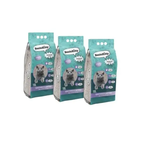 Produktbild: BentoKitty Katzenstreu (30L, 3er Pack) mit Lavendel Duft, Klumpend, weiß, feinkörnig, Klumpstreu aus Bentonite, für Sensitive Katzenpfoten geeignet