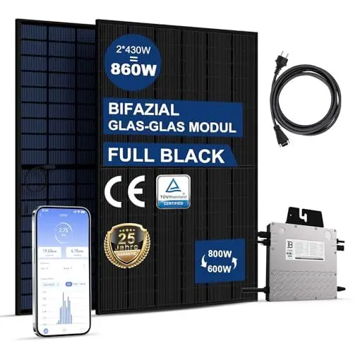 Produktbild: BENY Balkonkraftwerk 860W Komplett Steckdose, Solaranlage Komplettset mit 2x430W Bifazial Solarmodule solarpanel, Wechselrichter 800W bis 600W Einstellbar Integrierter WLAN Überwachung
