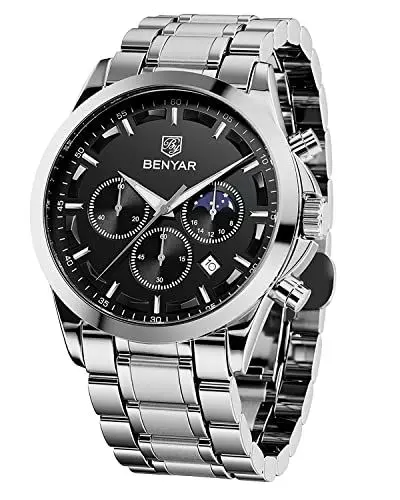 Produktbild: BENYAR Herren Uhr Chronograph Analog Quarz Stilvolle Edelstahlarmband Armbanduhr Wasserdicht Leuchtende Datum Herrenuhren Elegantes Business Uhren Geschenk für Männer