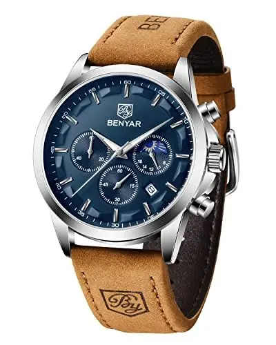 Produktbild: BENYAR Herren Uhr Chronograph Wasserdicht Leuchtende Lederband Armbanduhr Herrenuhren Elegantes Geschenk für Männer