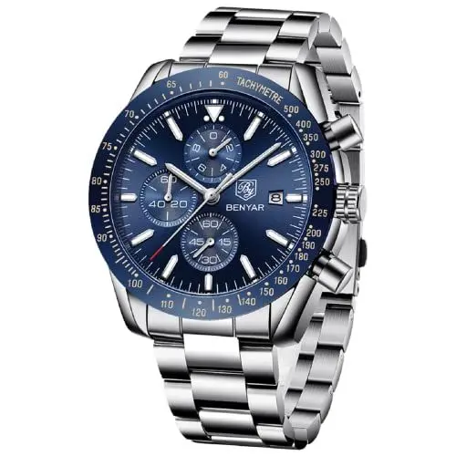 Produktbild: BENYAR Uhren Herren Chronograph Analog Wasserdicht Armbanduhr Herren Edelstahl Großes Ziffernblatt Leuchtende Datum Herrenuhren Lässig Business-Kleid Uhren fur Männer Klassische Elegantes Geschenk