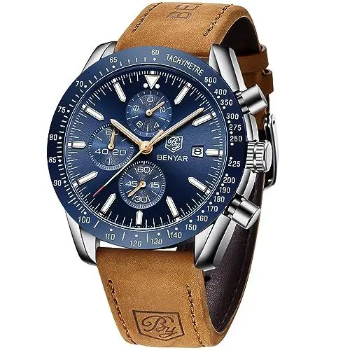 Produktbild: BENYAR herrenuhr Edelstahl Strap Chronograph Quarz Uhr Männer Datum Kalender Wasserdicht Armbanduhr Herren Sport mit Blau/Schwarz Zifferblatt