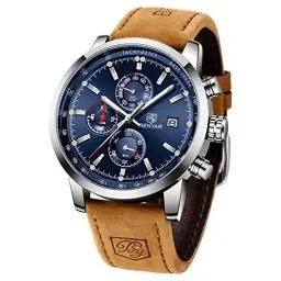 Produktbild: Benyar Armbanduhr, Leder, Chronograph, Sportuhr, klassisch, Militär, elegant, 30 m, wasserdicht, Armband aus Stahl, für Quarzuhrwerk, Geschenk für Herren, Braun/Blau., Gurt