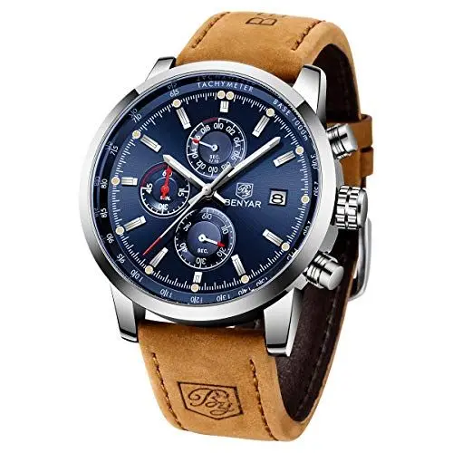 Produktbild: Benyar Armbanduhr, Leder, Chronograph, Sportuhr, klassisch, Militär, elegant, 30 m, wasserdicht, Armband aus Stahl, für Quarzuhrwerk, Geschenk für Herren, Braun/Blau., Gurt
