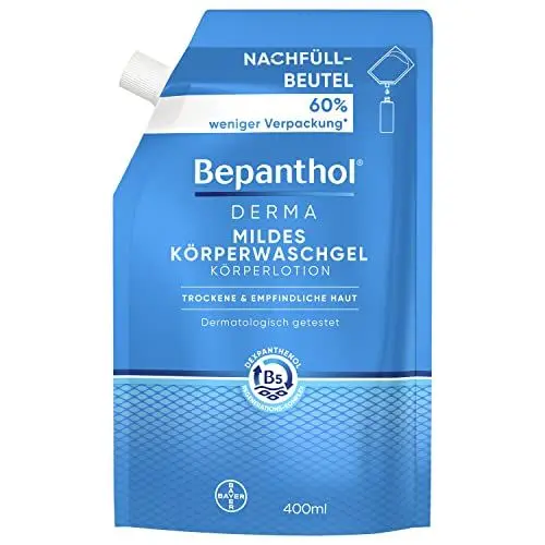 Produktbild: Bepanthol DERMA Mildes Körperwaschgel, mildes Duschgel für empfindliche und trockene Haut, dermatologisch getesteter Feuchtigkeitsspender mit Dexpanthenol, seifenfrei, 400 ml Nachfüllbeutel