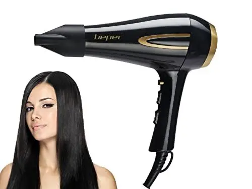 Produktbild: BEPER P301ASC001 Professioneller Haartrockner, AC-Motor, ABS, 2200 Watt, wählbare Einstellungen, 3 Temperaturen, 2 Geschwindigkeiten, inkl. Styler, Schwarz/Gold
