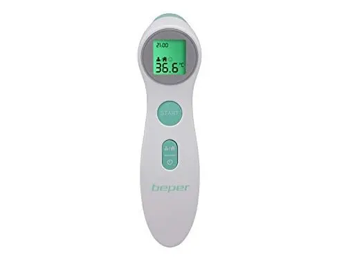 Produktbild: BEPER P303Med001 Infrarot-Fieberthermometer, berührungslos, misst Körper/Flüssigkeiten/Objekte und Oberflächen, hintergrundbeleuchtetes LCD-Display, Speicher für 10 Messungen, weiß/wassergrün